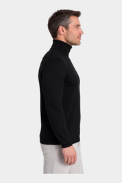 Dolcevita nero in filo Ragno indossato da un uomo, vista laterale, maglione a collo alto Follower SRL