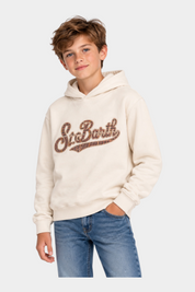 Ragazzo indossa felpa Follower SRL MC2 Saint Barth avorio con cappuccio e scritta tartan sul petto