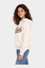 Ragazza indossa felpa Follower SRL MC2 Saint Barth avorio con cappuccio e scritta tartan sul petto