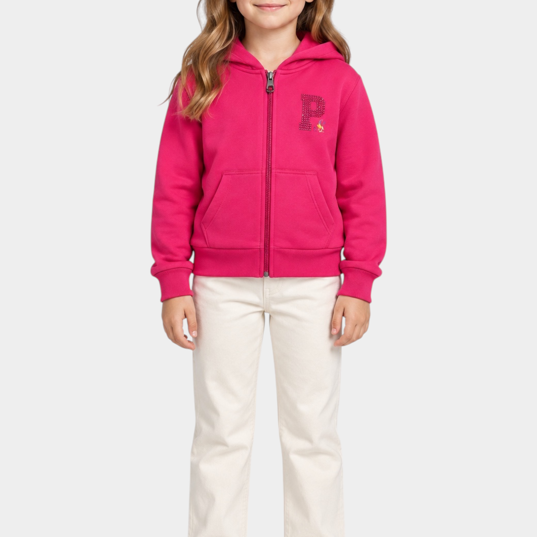 Bambina indossa felpa con cappuccio e zip Follower SRL fucsia con logo P decorato e tasche frontali
