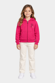 Bambina indossa felpa con cappuccio e zip Follower SRL fucsia con logo P decorato e tasche frontali