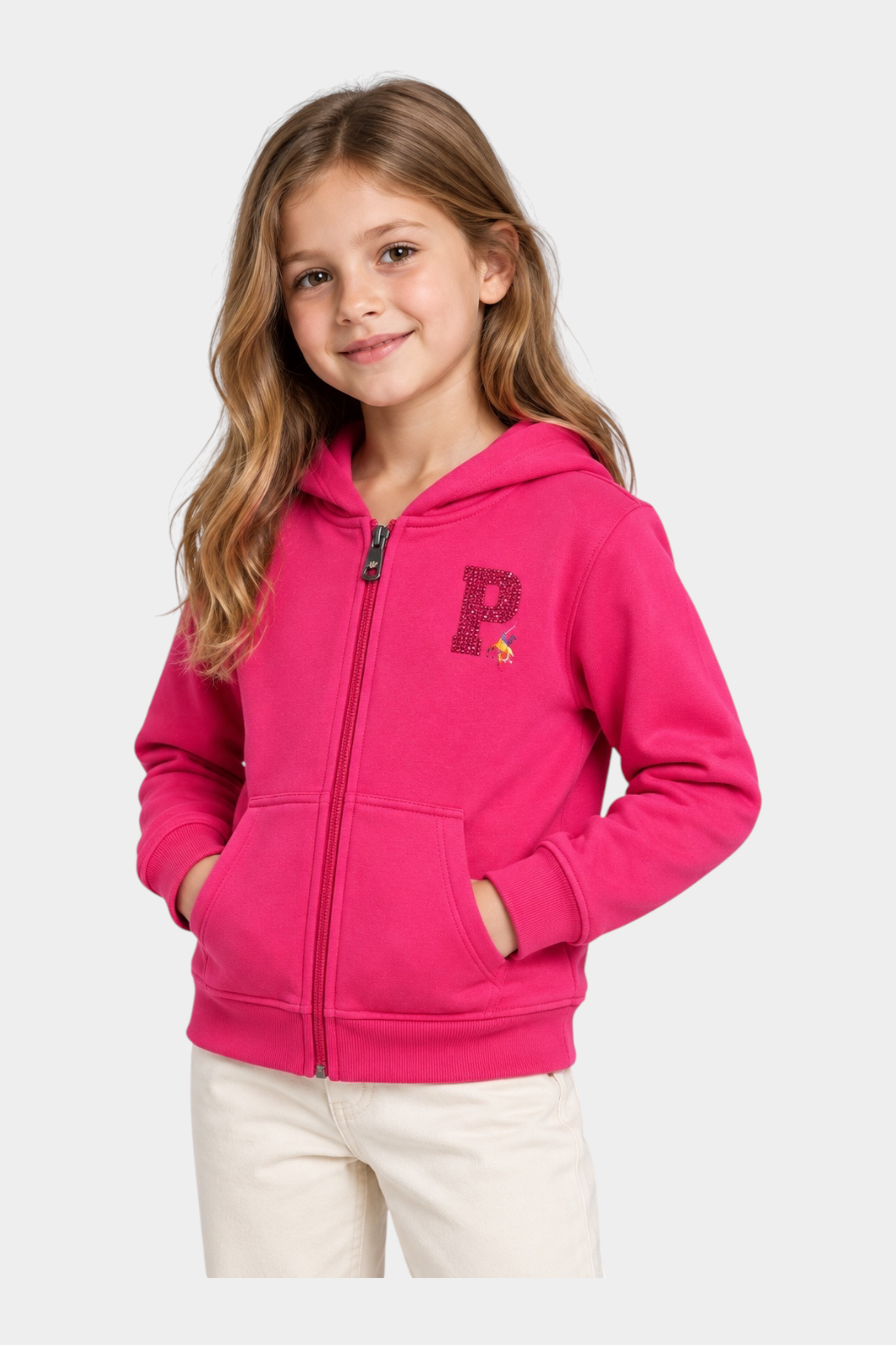 Bambina indossa una felpa con cappuccio e zip Follower SRL fucsia con logo P decorato e tasche frontali