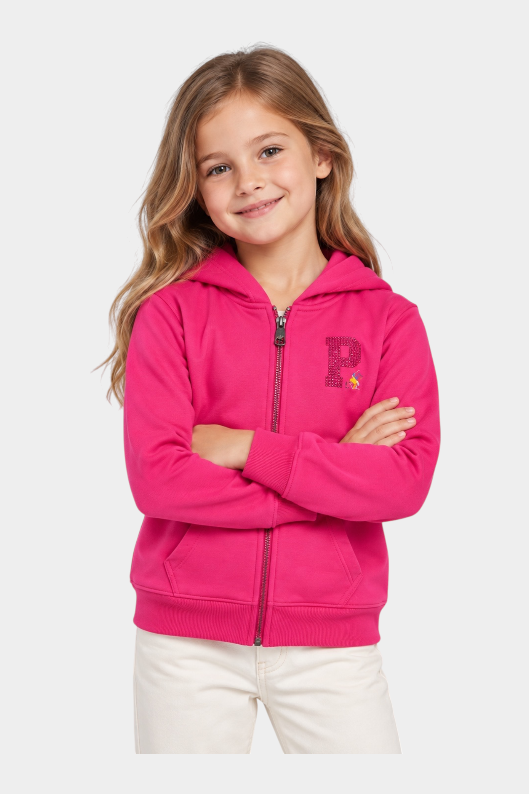 Bambina indossa una felpa Follower SRL fucsia con cappuccio, zip intera e logo con strass sul petto