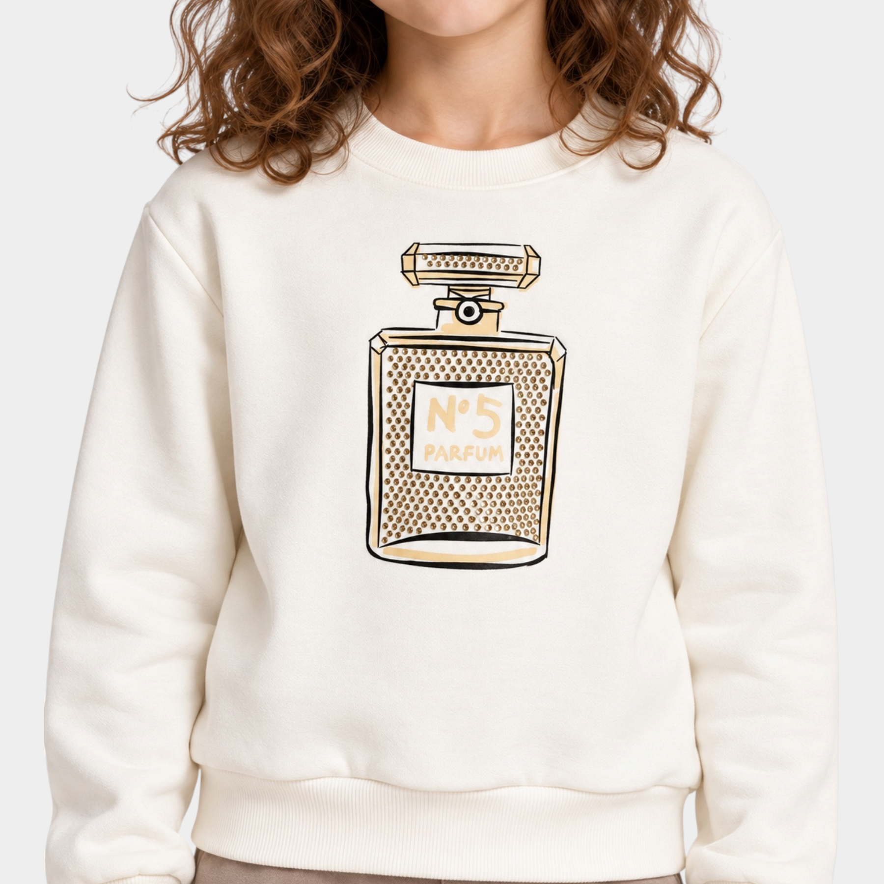Felpa Follower SRL bianca da bambina con stampa di boccetta di profumo decorata con strass gioiello