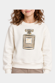 Felpa Follower SRL bianca da bambina con stampa di boccetta di profumo decorata con strass gioiello