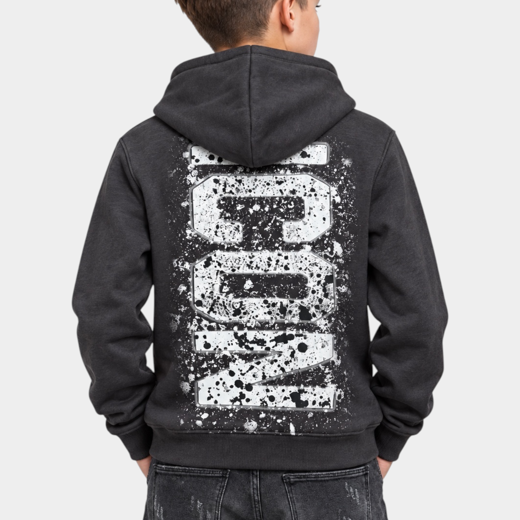 Felpa full zip Follower SRL grigia per bambino con stampa ICON bianca effetto schizzi sul retro