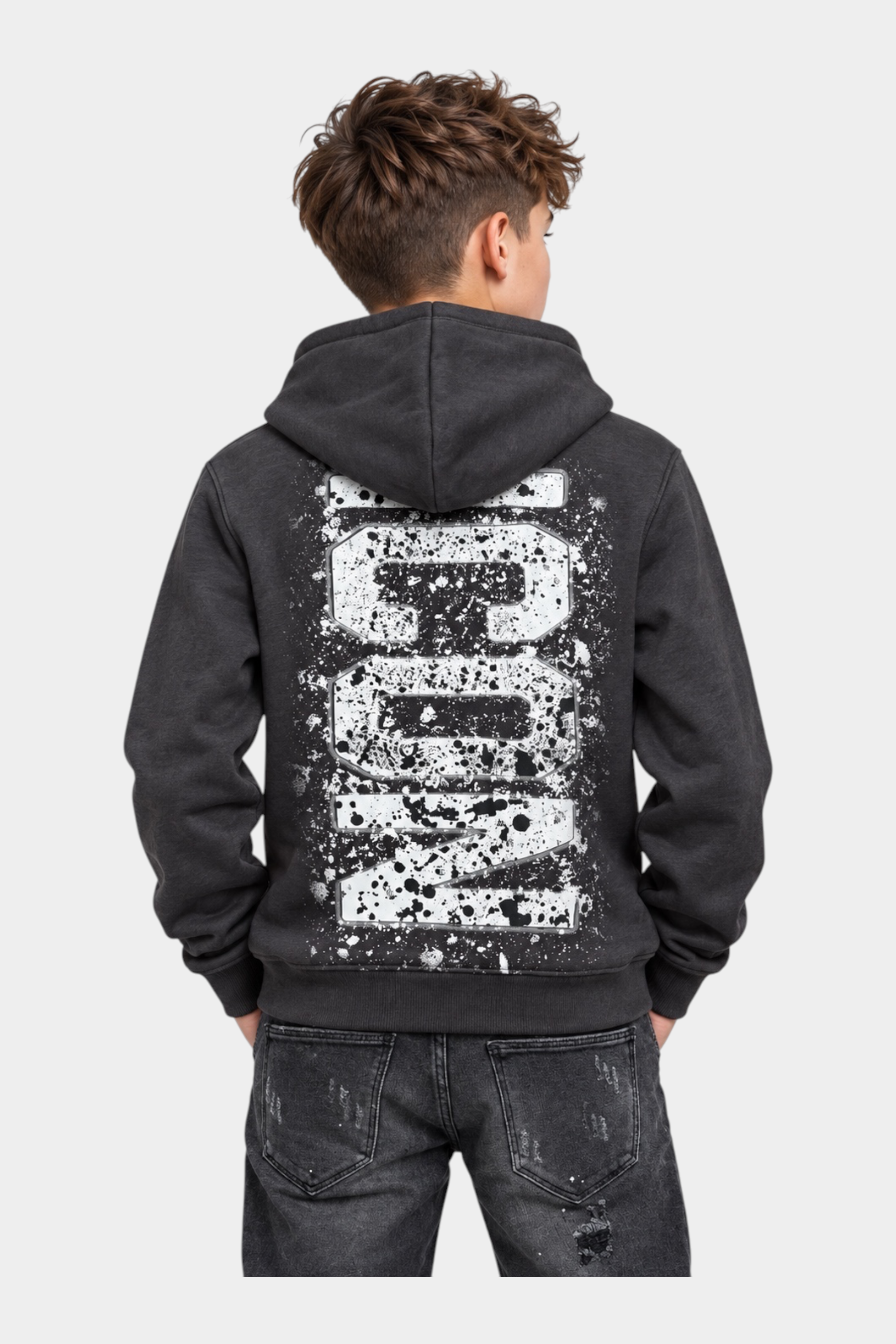 Felpa full zip Follower SRL grigia per bambino con stampa ICON bianca effetto schizzi sul retro