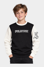 Felpa girocollo Follower SRL per bambino, nera con maniche bianche, logo US GRAND POLO e grafica sul braccio