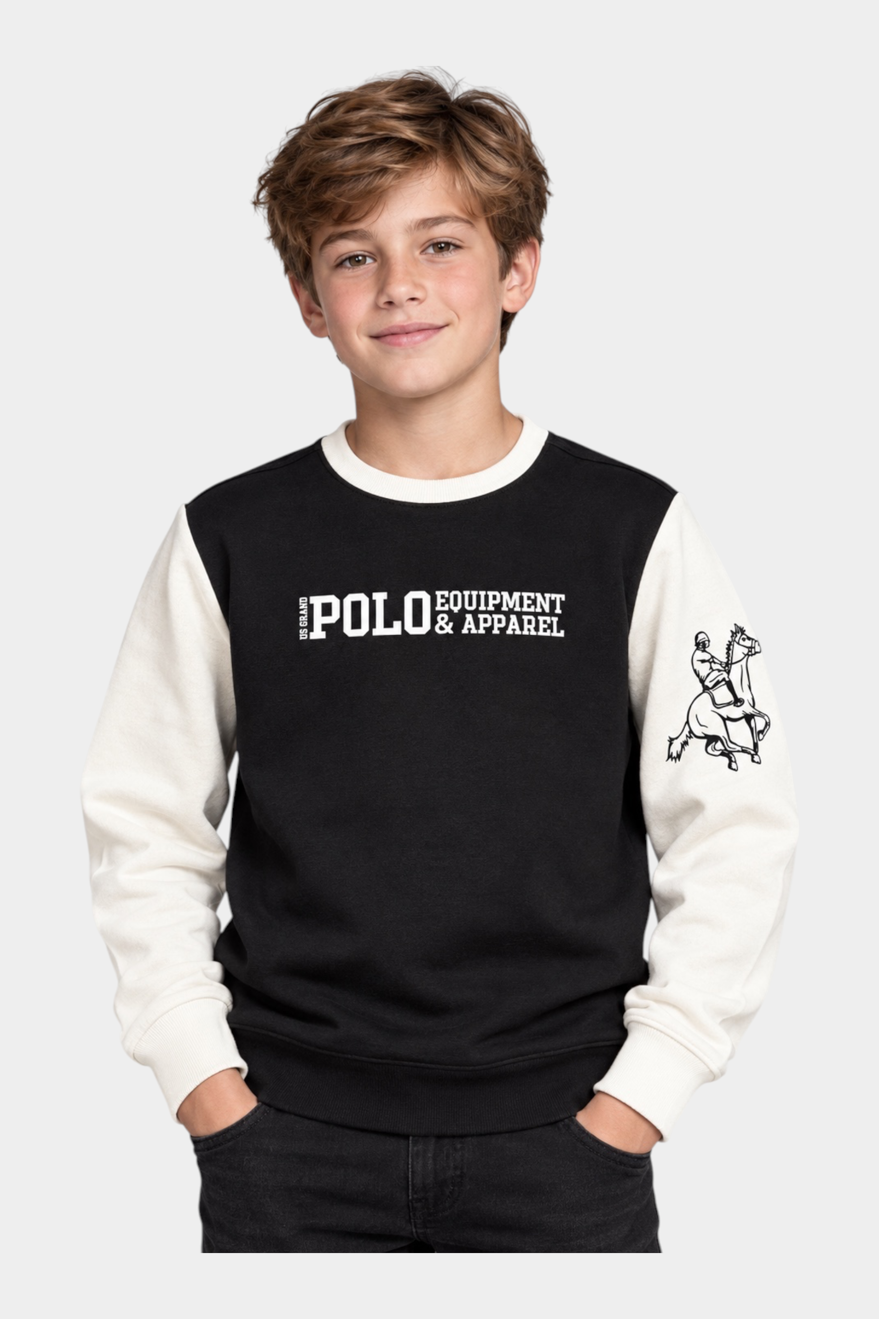 Felpa girocollo Follower SRL per bambino, nera con maniche bianche, logo US GRAND POLO e grafica sul braccio