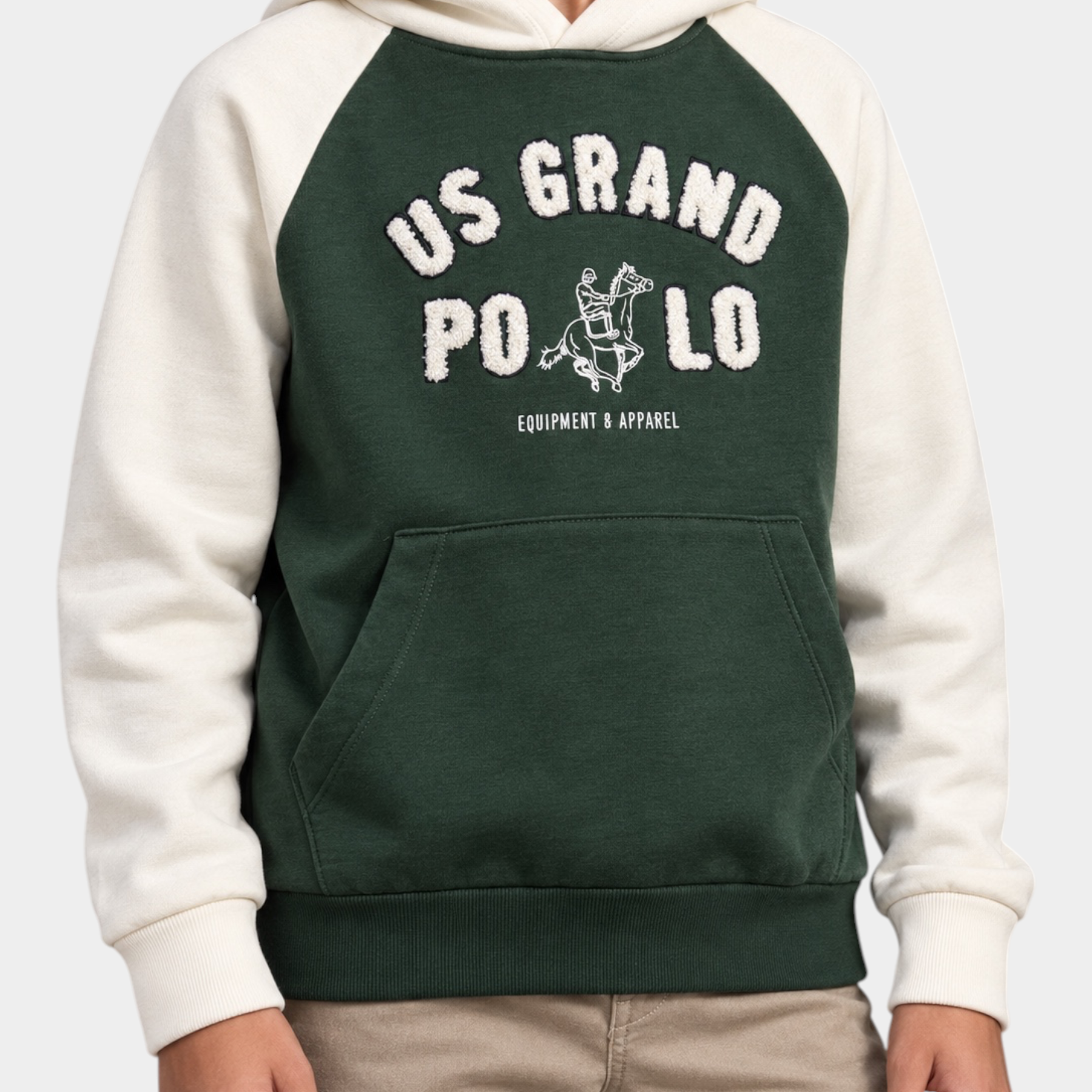 Felpa con cappuccio Follower SRL verde e panna per bambino con maxi logo US GRAND POLO e tasca a marsupio