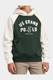 Felpa con cappuccio Follower SRL verde e panna per bambino con maxi logo US GRAND POLO e tasca a marsupio