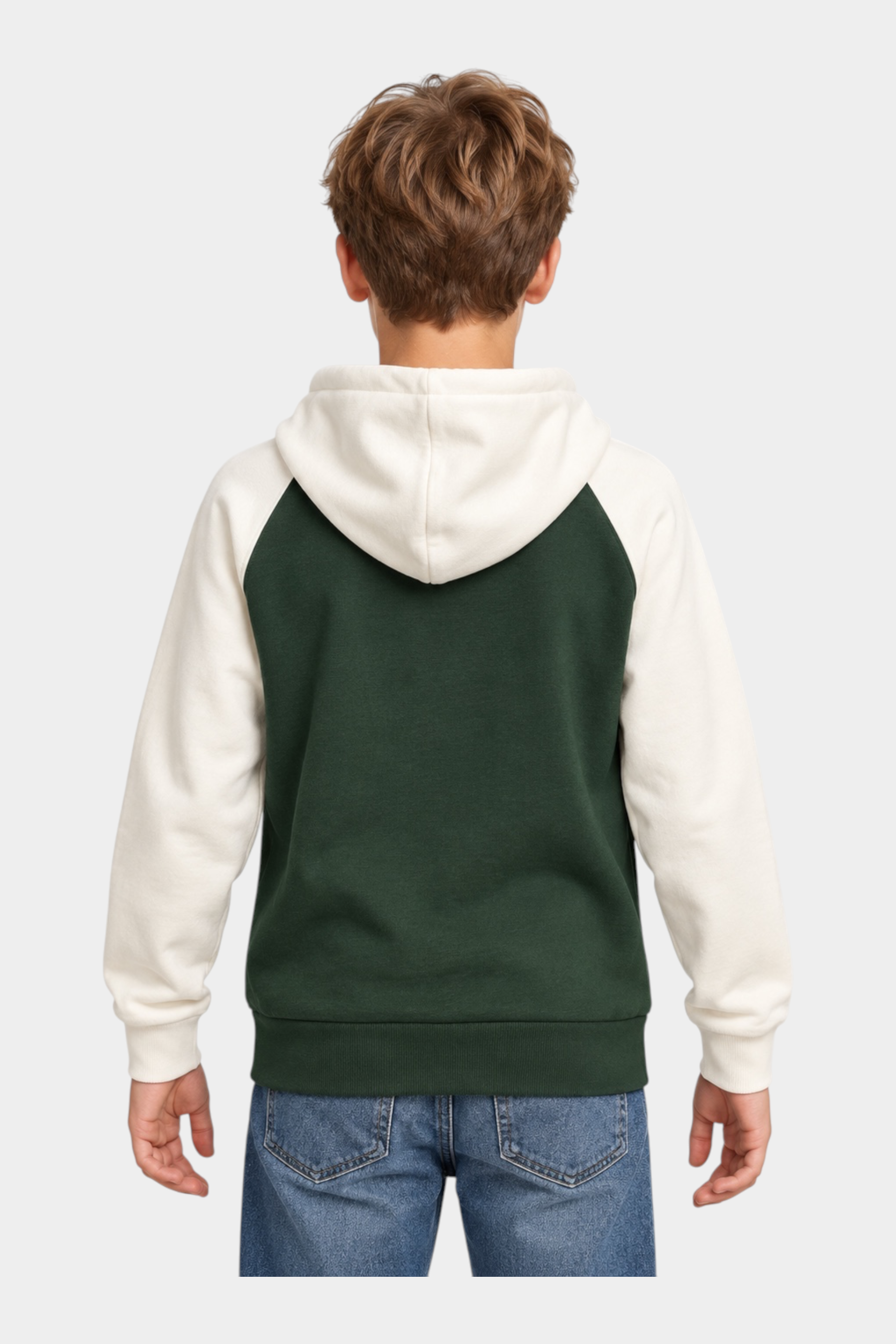 Vista posteriore di un bambino che indossa una felpa con cappuccio Follower SRL verde e panna con maniche raglan