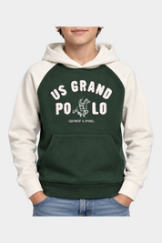 Felpa con cappuccio Follower SRL verde e panna per bambino con maxi logo US GRAND POLO e tasca a marsupio