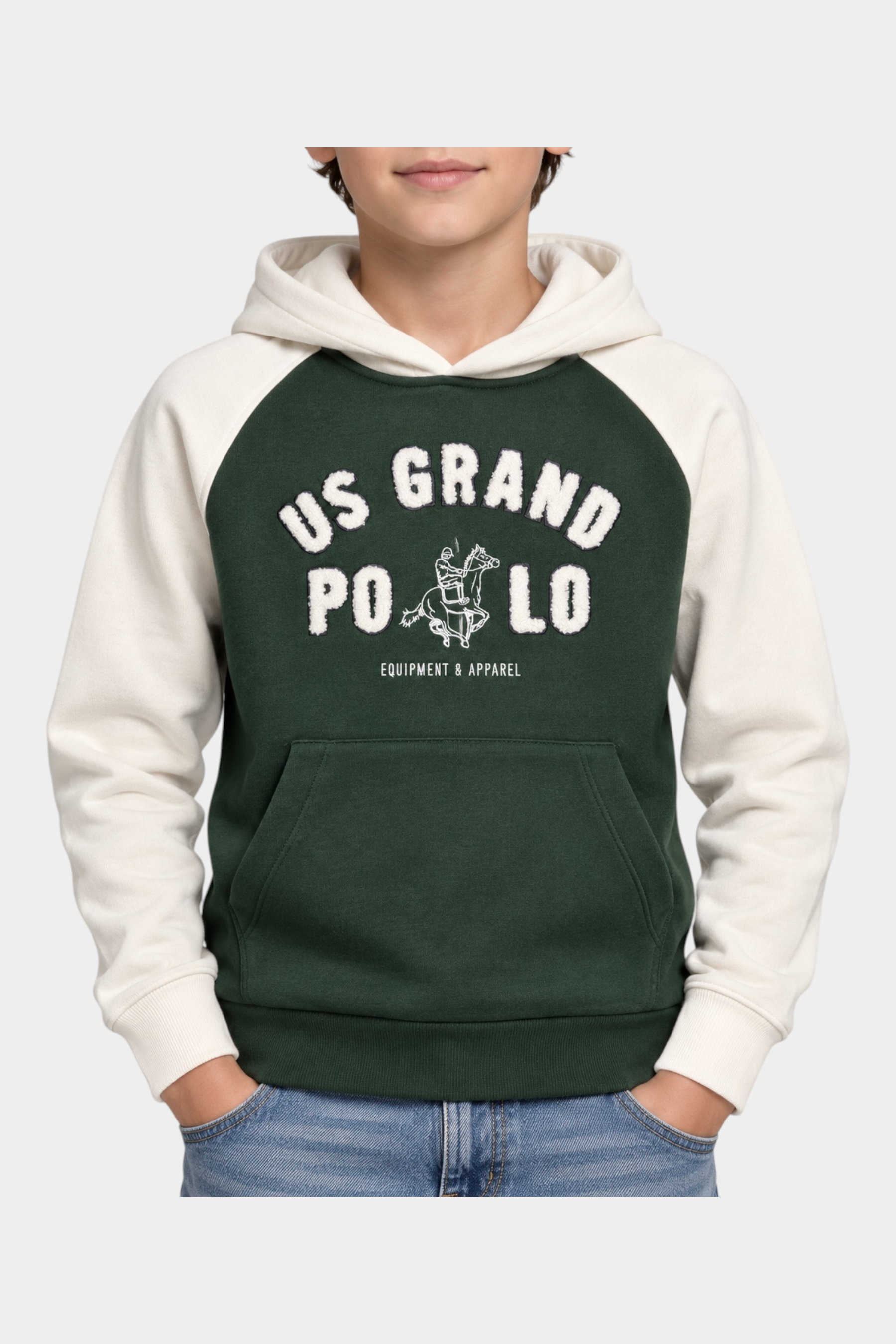 Felpa con cappuccio Follower SRL verde e panna per bambino con maxi logo US GRAND POLO e tasca a marsupio