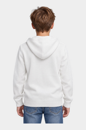 Vista posteriore di un bambino che indossa una felpa bianca con cappuccio Follower SRL su jeans blu
