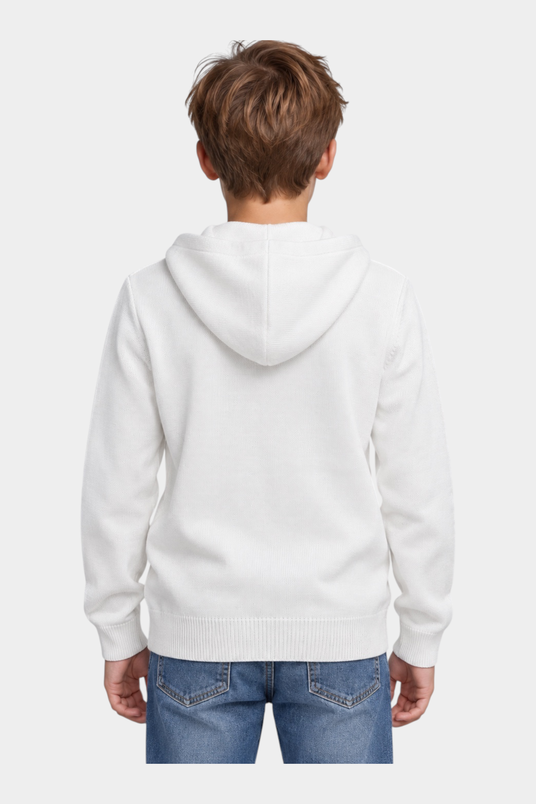 Vista posteriore di un bambino che indossa una felpa bianca con cappuccio Follower SRL su jeans blu