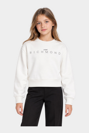 Bambina indossa felpa girocollo bianca Follower SRL con logo John Richmond decorato in strass sul petto