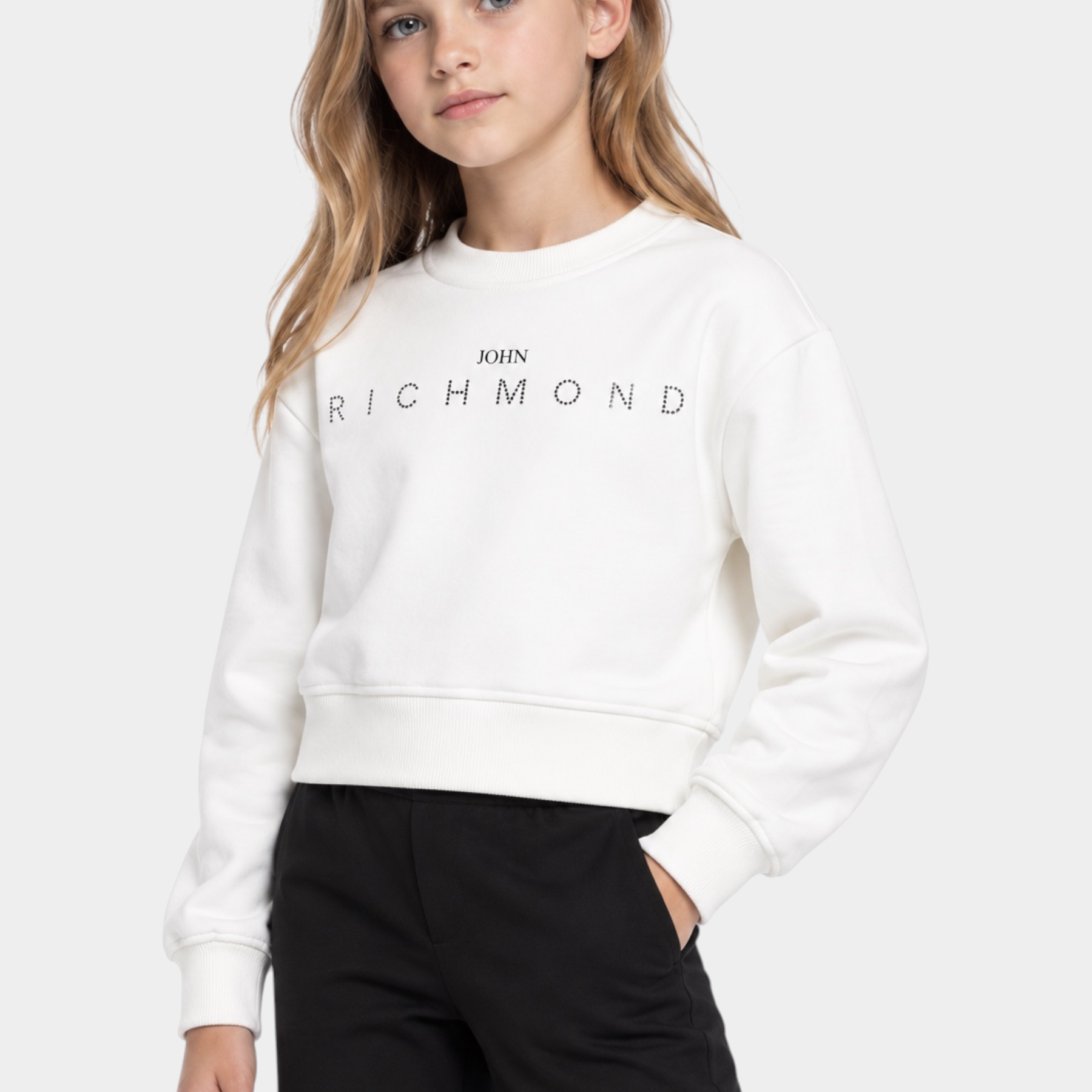 Felpa girocollo bianca Follower SRL per bambina con logo John Richmond decorato da strass