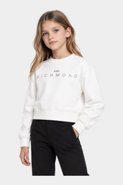 Felpa girocollo bianca Follower SRL per bambina con logo John Richmond decorato da strass
