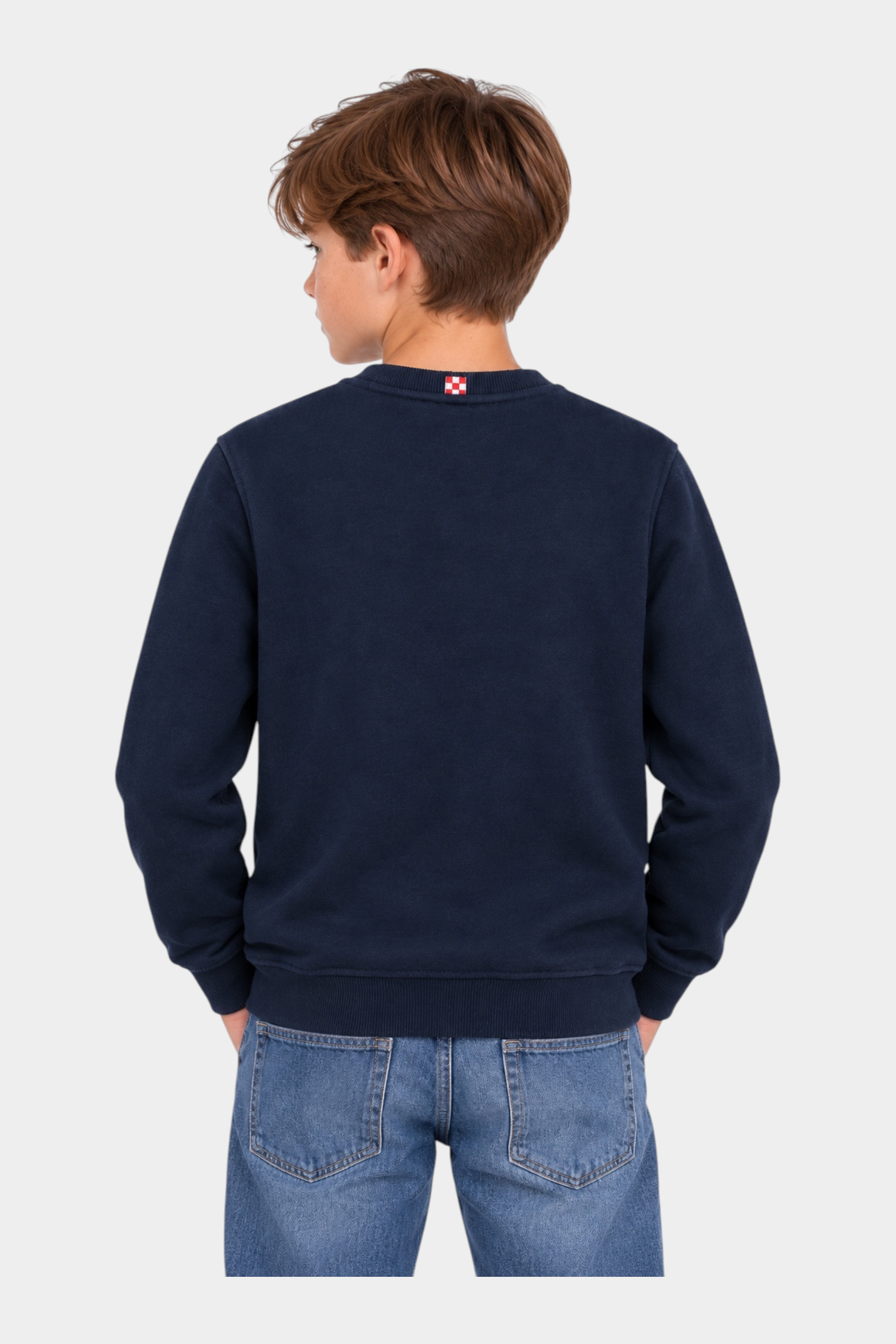 Ragazzo di spalle indossa una felpa Follower SRL blu girocollo in misto cotone con dettaglio sul retro