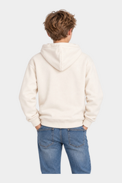 Ragazzo di spalle indossa felpa con cappuccio Follower SRL color avorio in cotone con polsini a costine