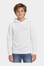 Ragazzo indossa una felpa con cappuccio bianca Follower SRL in maglia con logo iconico ricamato sul petto