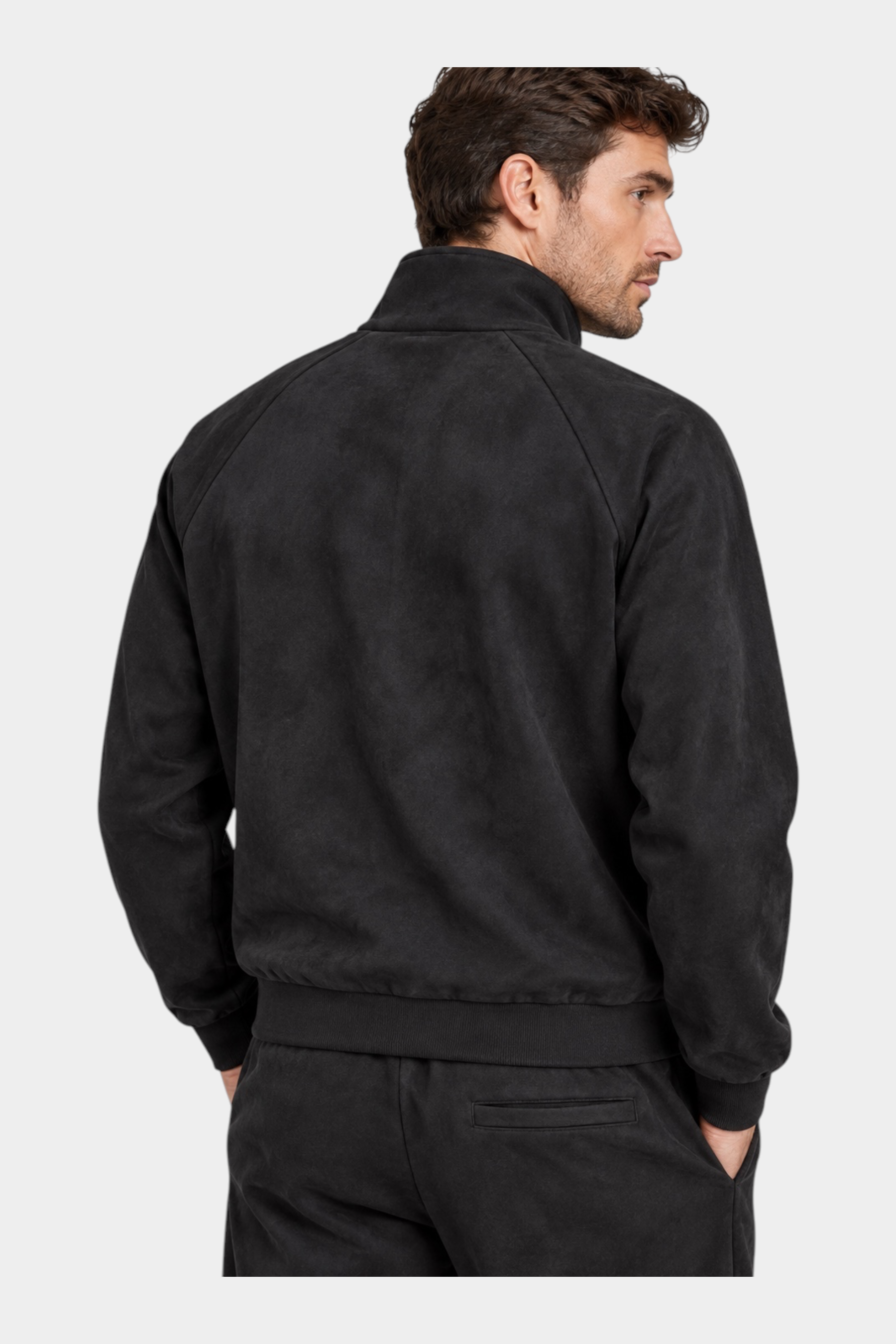 Felpa full zip in ciniglia nera da uomo GUESS vista posteriore indossata da un modello, firmata Follower SRL