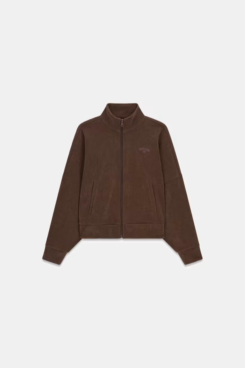 Felpa a coste marrone con zip intera e collo alto firmata Follower SRL, design casual e confortevole