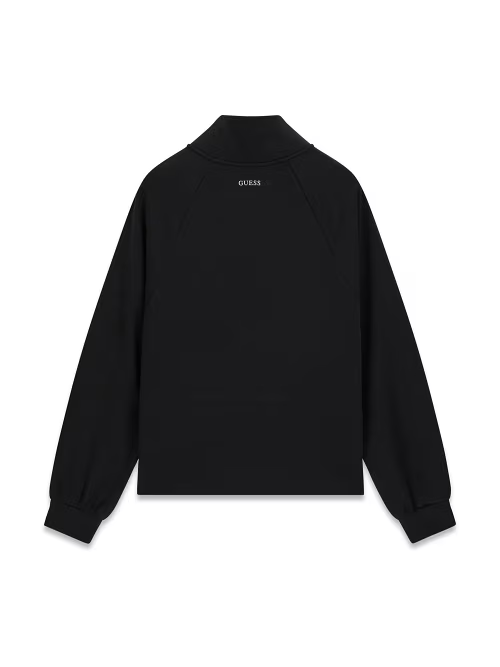 Felpa full zip da donna nera GUESS vista posteriore con logo stampato sul retro, proposta da Follower SRL
