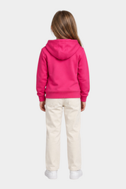 Bambina indossa felpa con cappuccio fucsia Follower SRL con zip, vista posteriore su sfondo grigio