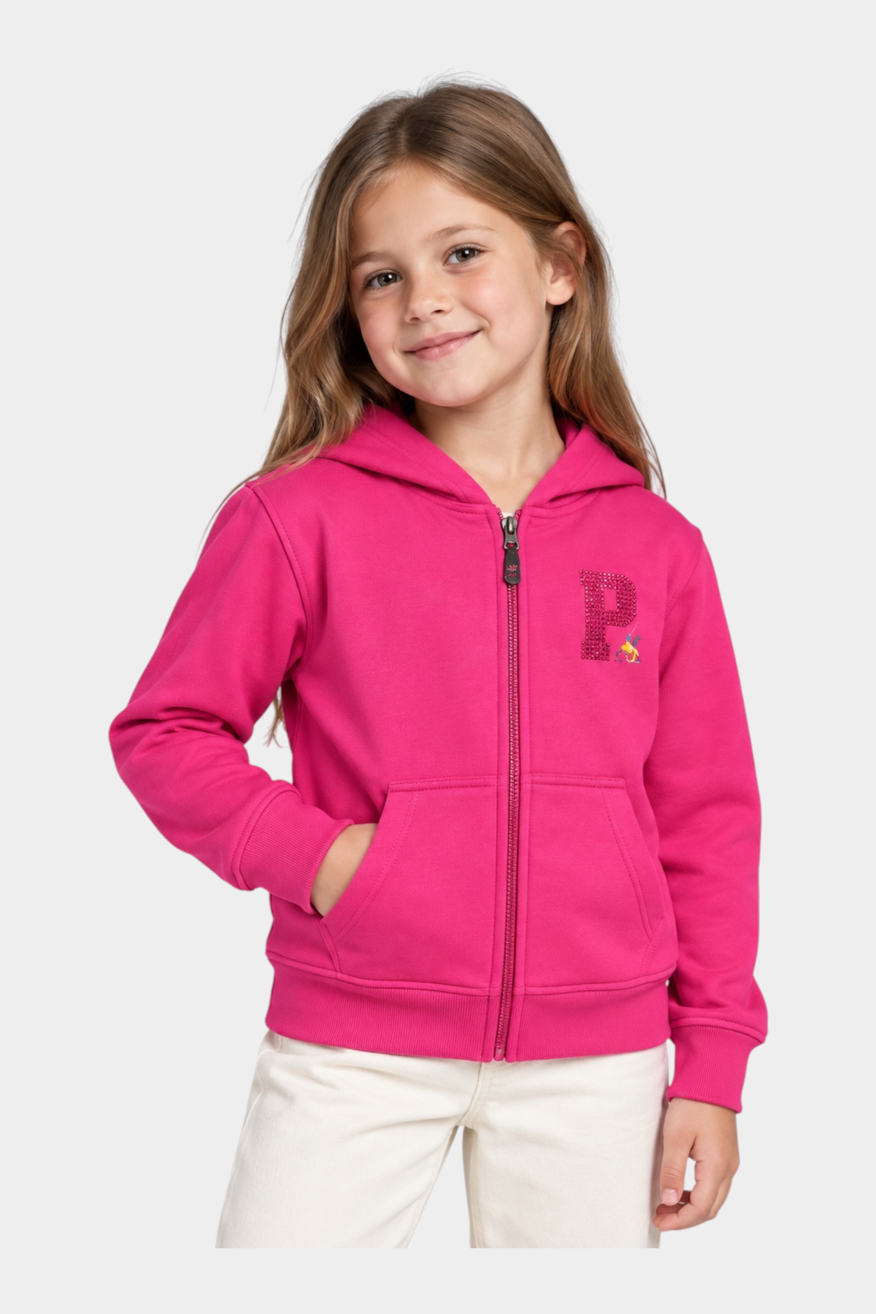 Bambina indossa felpa fucsia con cappuccio e zip Follower SRL, caratterizzata da logo P decorato con strass