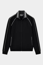 Felpa full zip da uomo nera GUESS con profili bianchi e colletto a righe, proposta da Follower SRL