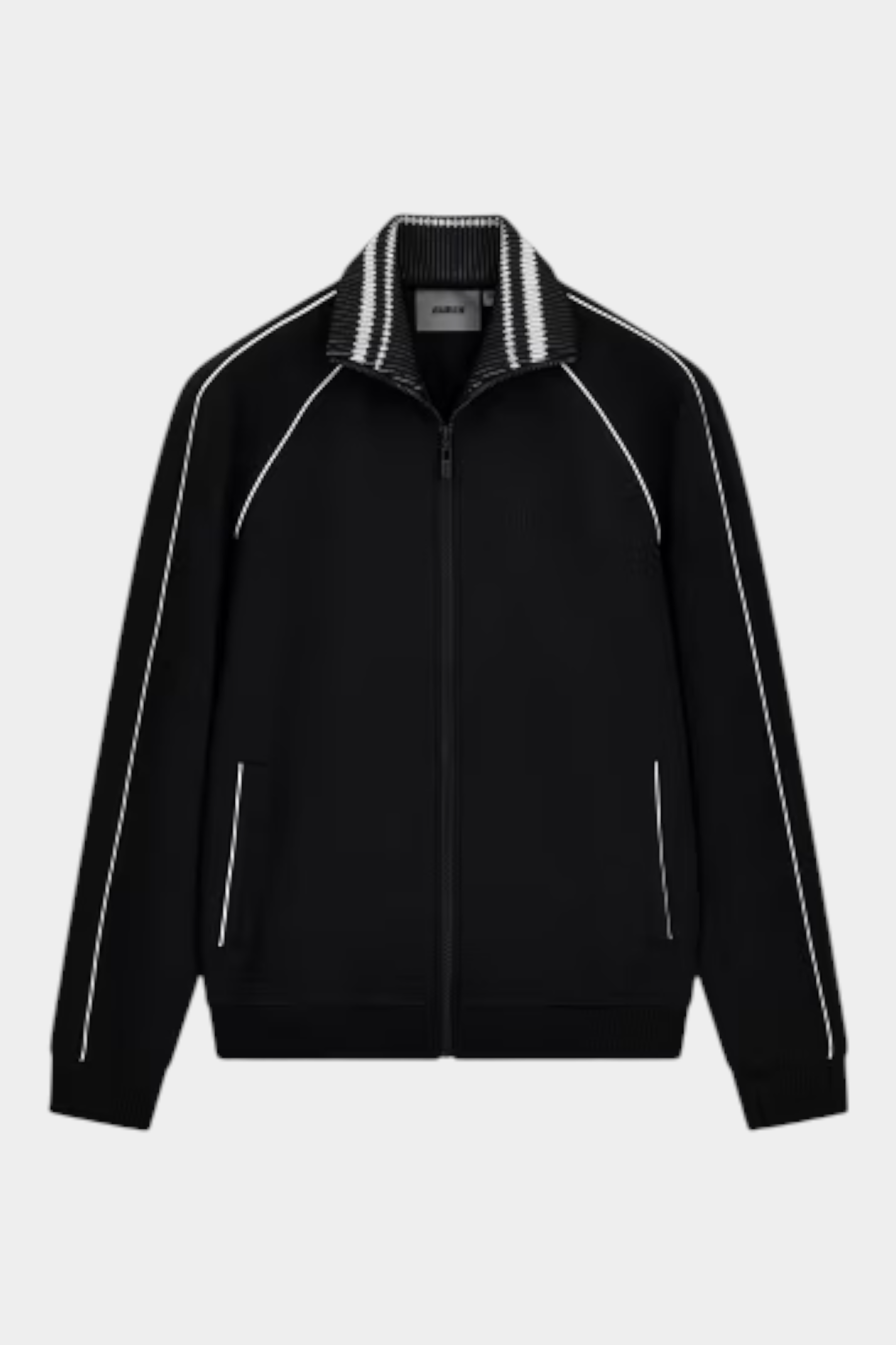 Felpa full zip da uomo nera GUESS con profili bianchi e colletto a righe, proposta da Follower SRL