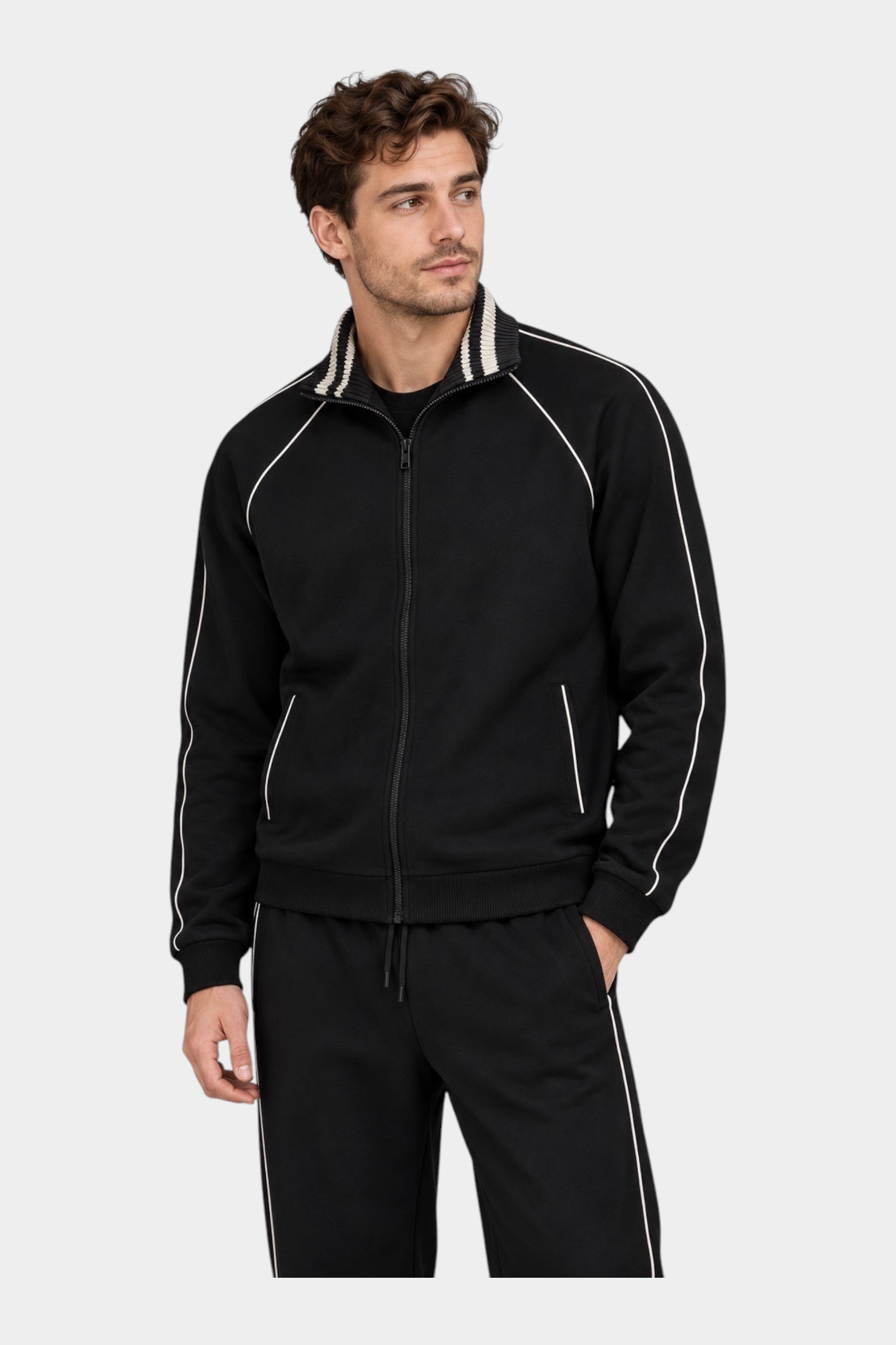 Felpa full zip nera GUESS con dettagli a righe sul colletto e profili bianchi, indossata da un modello Follower SRL