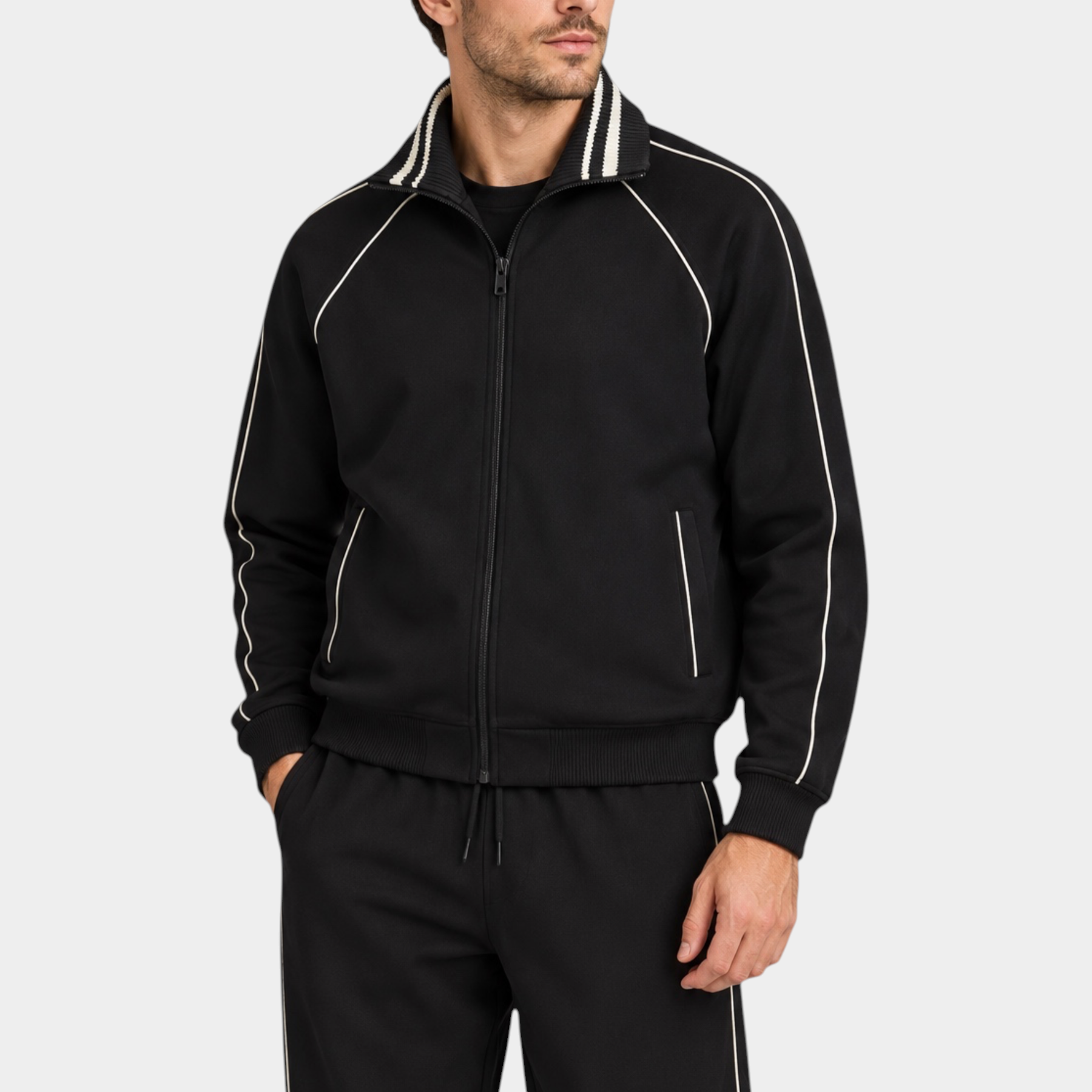 Felpa full zip nera da uomo GUESS con dettagli a righe bianche sul colletto e lungo le maniche, Follower SRL