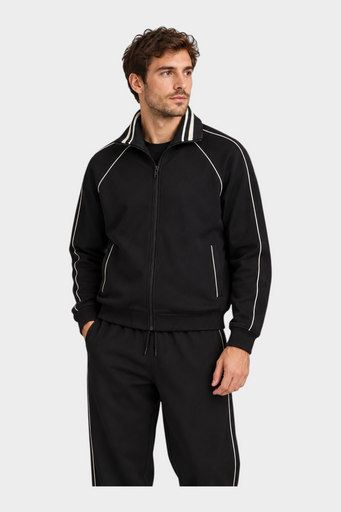 Felpa full zip nera da uomo GUESS con dettagli a righe bianche sul colletto e lungo le maniche, Follower SRL
