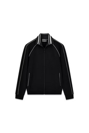 Felpa full zip da uomo nera GUESS con profili bianchi e colletto a righe, proposta da Follower SRL