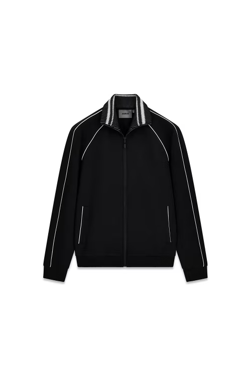 Felpa full zip da uomo nera GUESS con profili bianchi e colletto a righe, proposta da Follower SRL