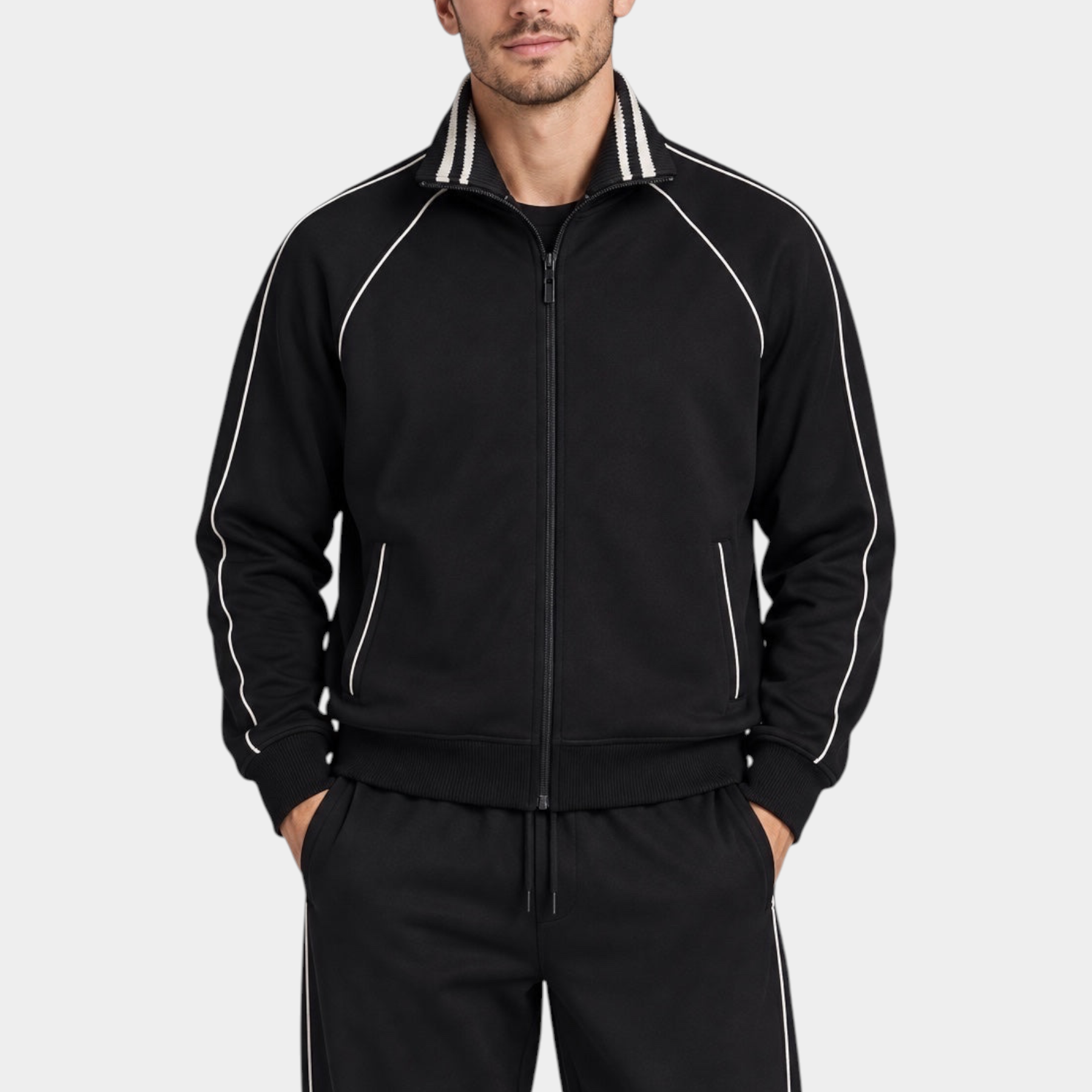 Modello indossa felpa full zip nera Follower SRL con dettagli a righe bianche su colletto e maniche