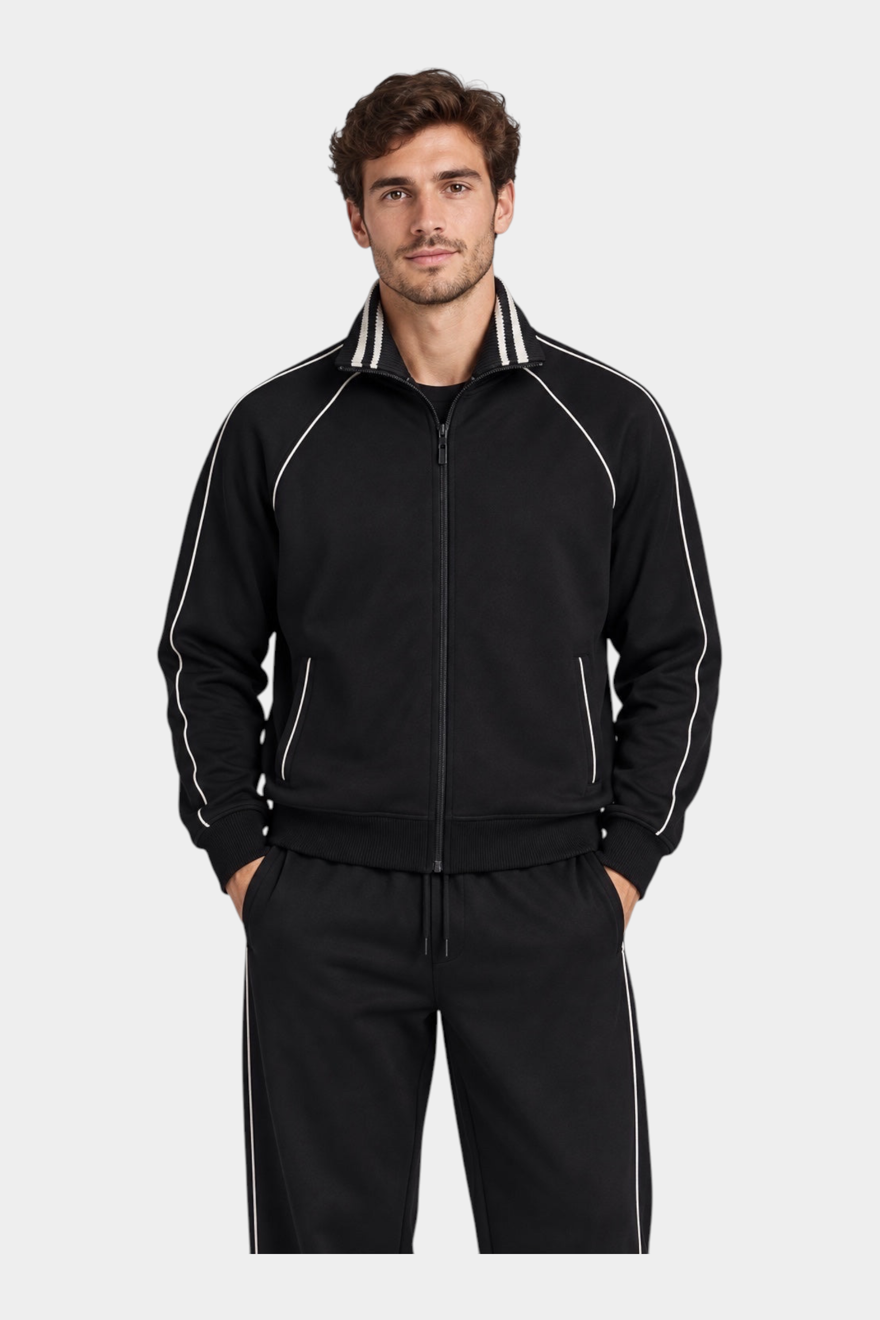 Modello indossa felpa full zip nera Follower SRL con dettagli a righe bianche su colletto e maniche
