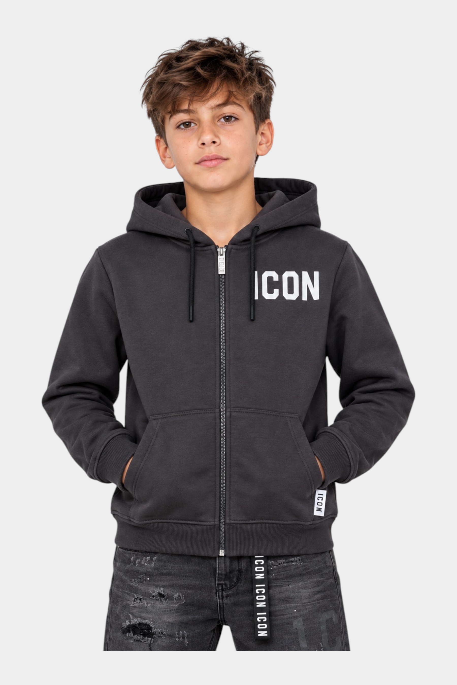Felpa full zip Follower SRL grigia per bambino con cappuccio e scritta ICON bianca sul petto