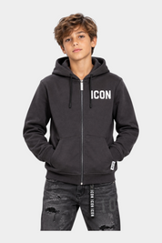 Ragazzo indossa una felpa full zip grigia Follower SRL con cappuccio e scritta ICON bianca sul petto