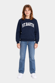 Ragazza indossa felpa Follower SRL Hutton blu navy in misto cotone con stampa St. Barth bianca stile college