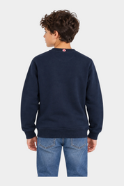 Ragazzo di spalle indossa felpa Follower SRL Hutton blu navy in misto cotone con dettaglio logo sul colletto