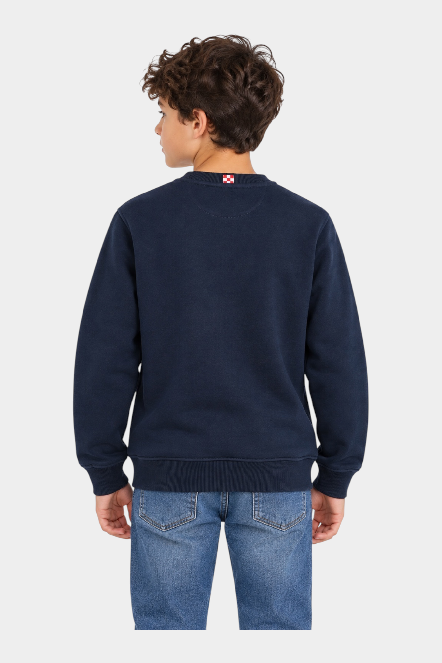 Ragazzo di spalle indossa felpa Follower SRL Hutton blu navy in misto cotone con dettaglio logo sul colletto