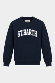 Felpa Follower SRL Hutton blu navy in misto cotone con stampa St. Barth bianca in stile college e girocollo