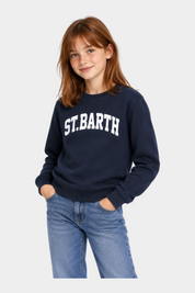Ragazza indossa felpa Follower SRL Hutton blu navy in misto cotone con stampa St. Barth bianca stile college