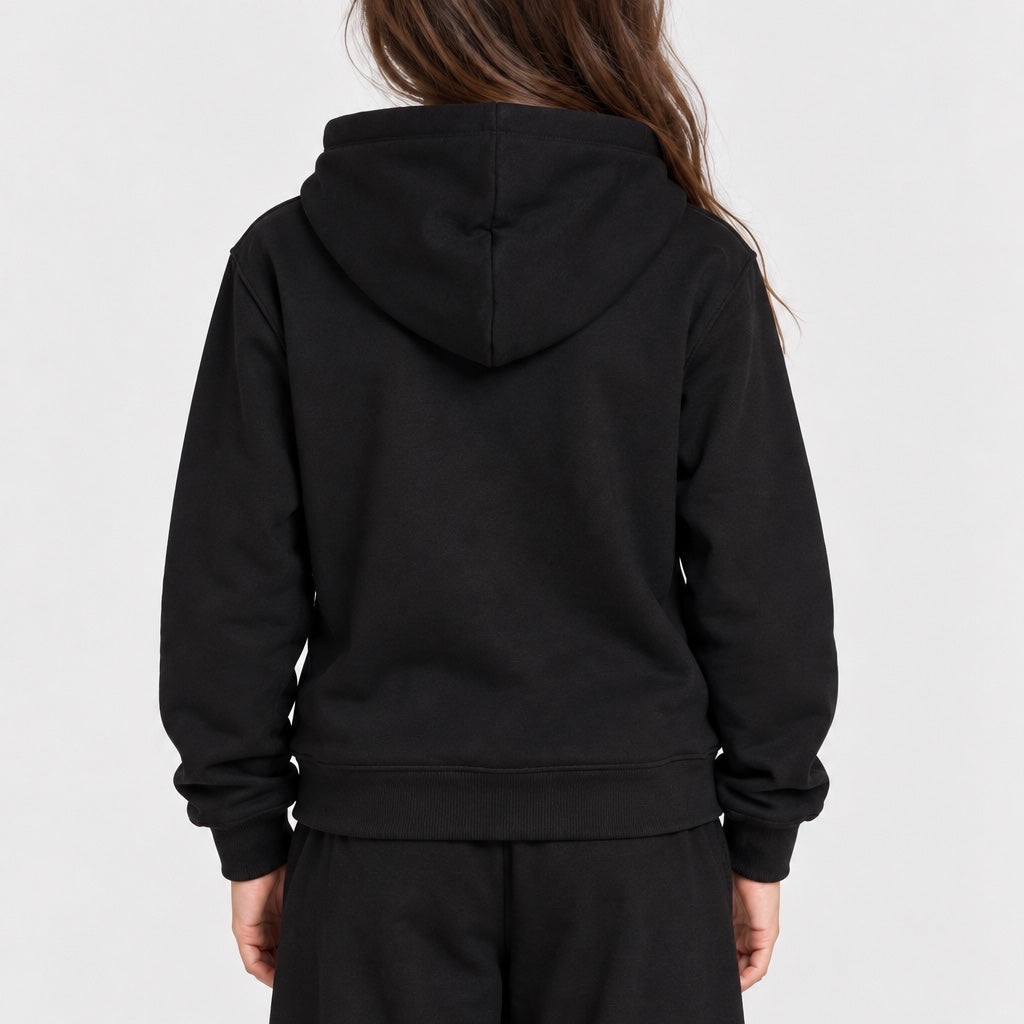 Bambina indossa felpa con cappuccio nera Follower SRL vista posteriore