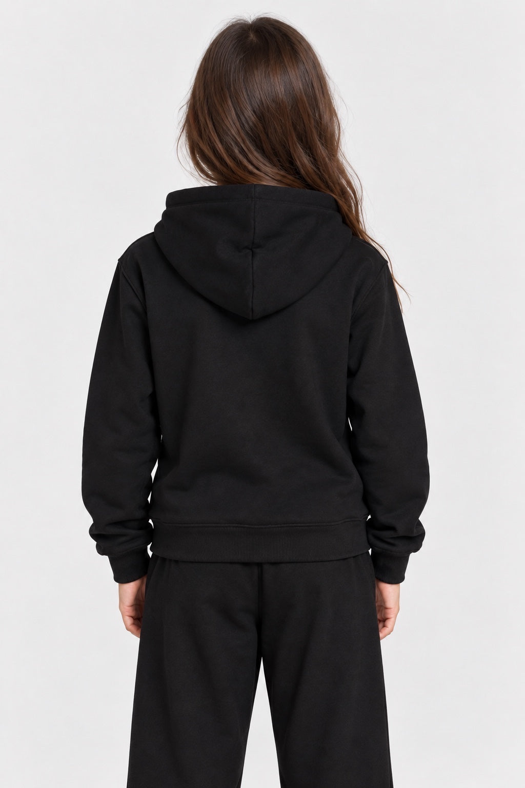 Bambina indossa felpa con cappuccio nera Follower SRL vista posteriore