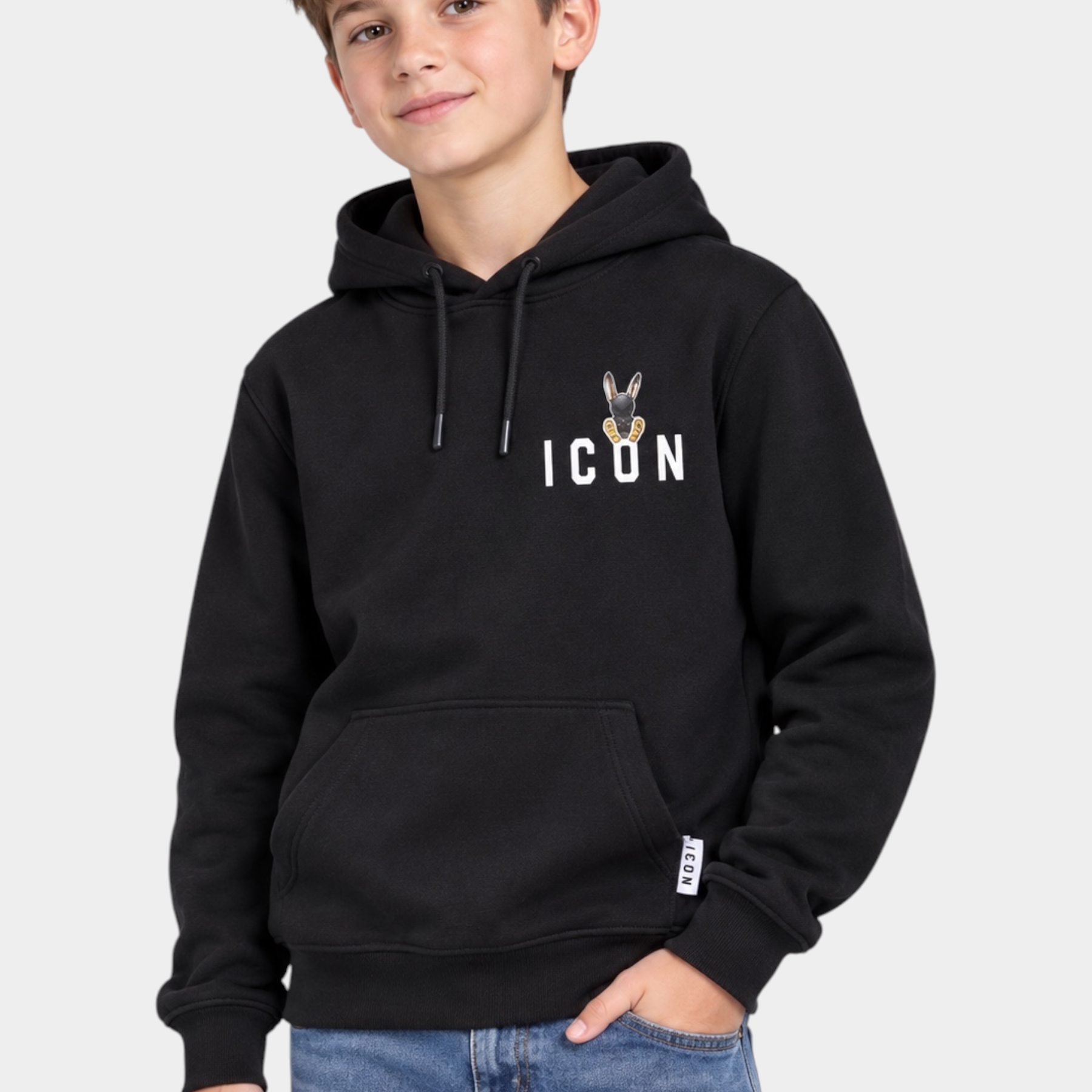 Felpa con cappuccio nera Follower SRL per bambino con logo ICON e grafica di coniglio sul petto